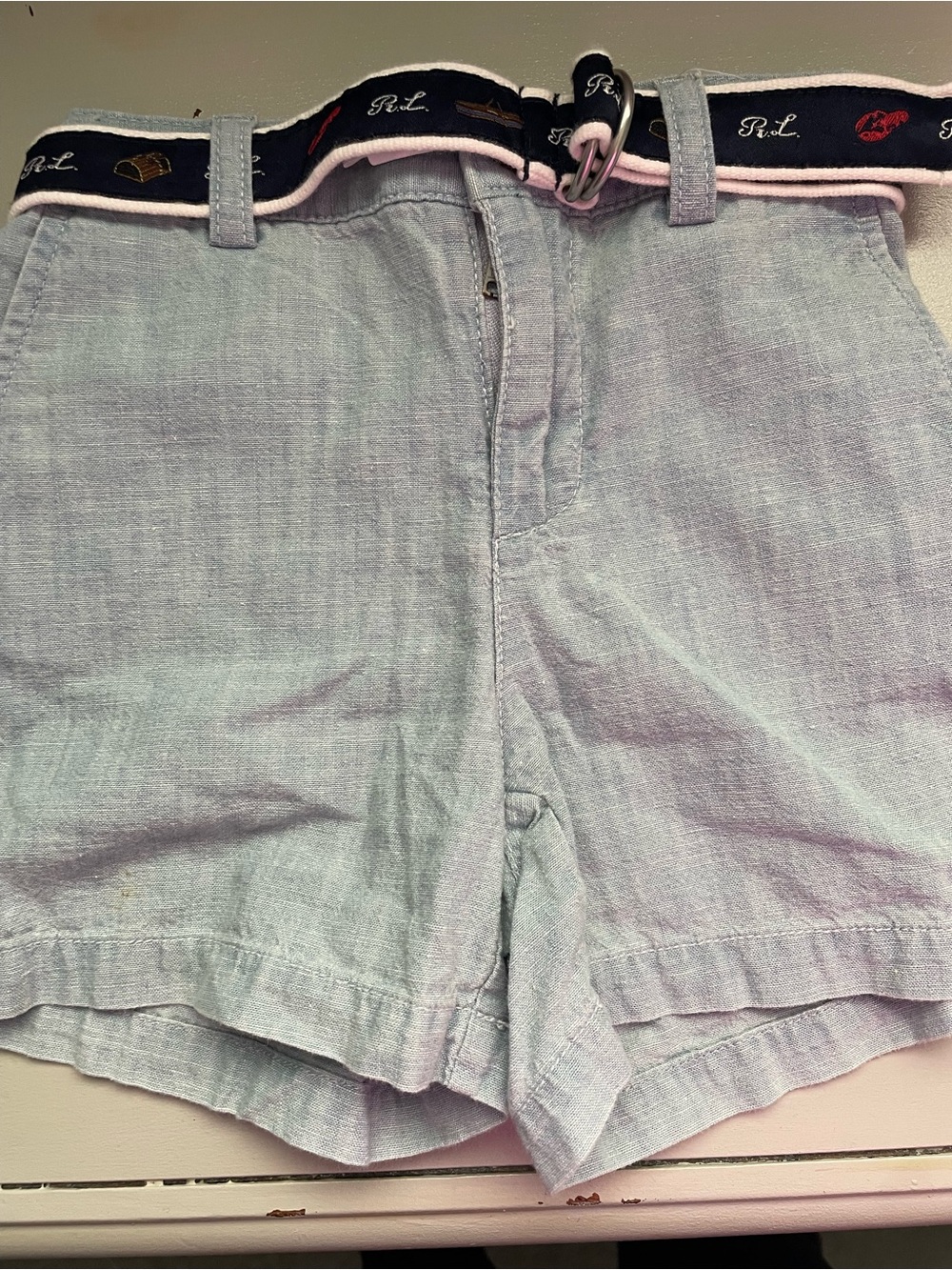 Ralph Lauren Light Blue Linen-Blend High Waist Shorts with Navy Belt